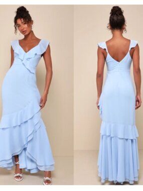 Lulus Charming Event Light Blue Asymmetrical Ruffled Maxi Dress, 2x